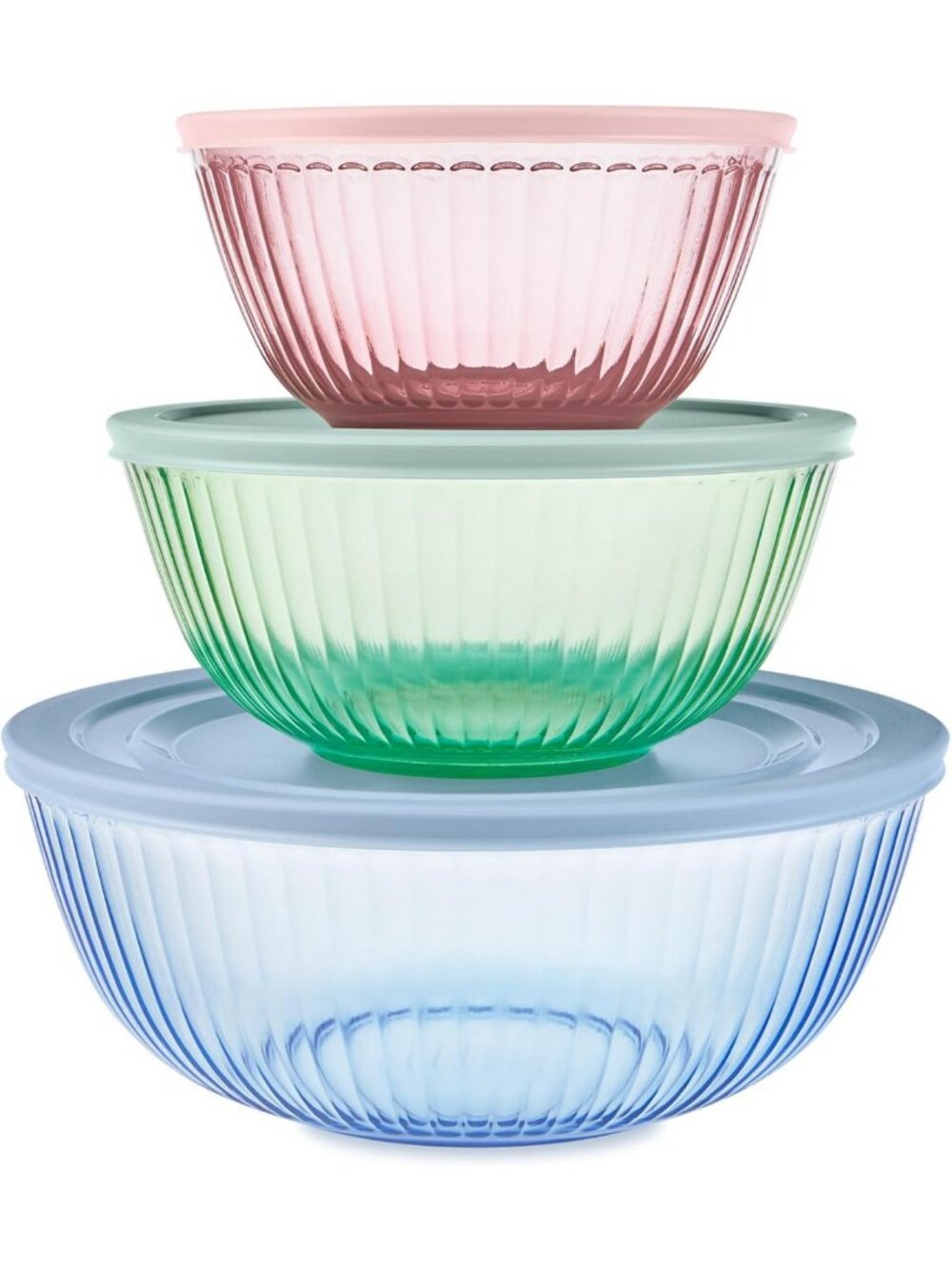 Colorful Sculpted Tinted Glass Mixing Bowls Set with Lids - 3-Pack Kitchen